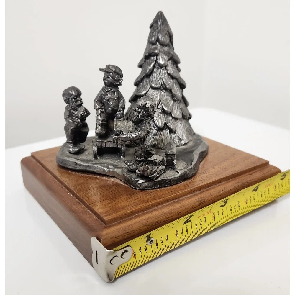 Vintage Michael Ricker Pewter Christmas Figurine Set Wood‎ Base 3pc